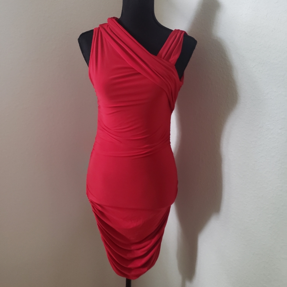 Ladies Sexy Red Bodycon Dress with Ruching